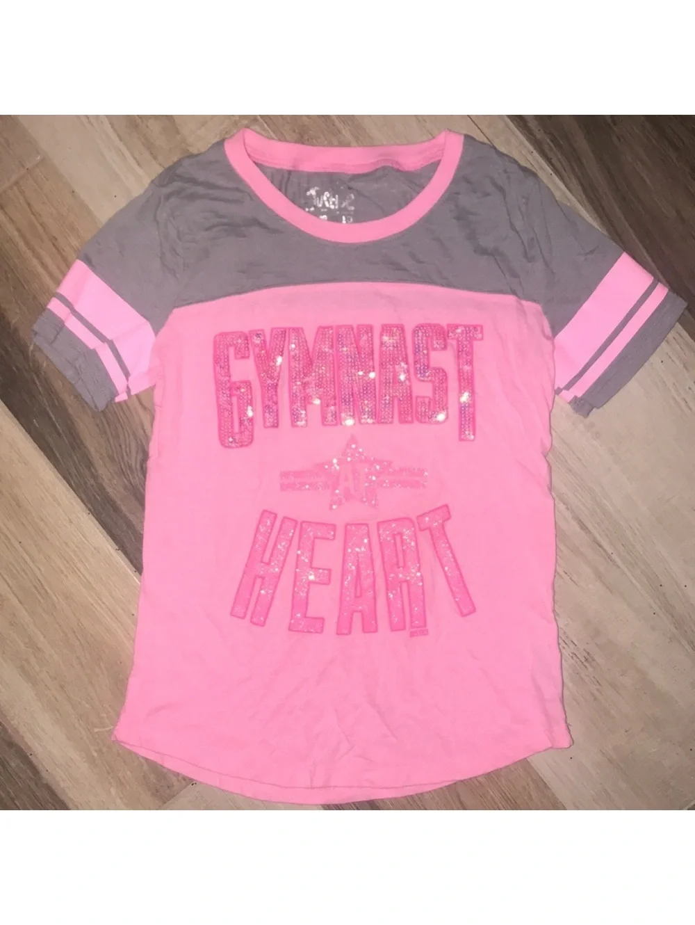 Justice Girls' Pink and Gray 'Gymnast at Heart' Sequined T-Shirt Size 10 EUC